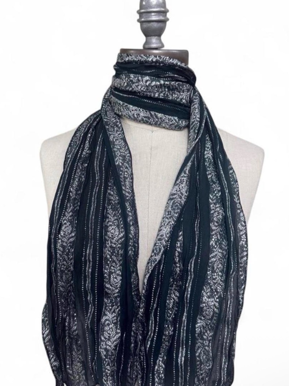 VTG 1980s The Specialty House Striped Scarf Japan Sheer Black Silver Metallic